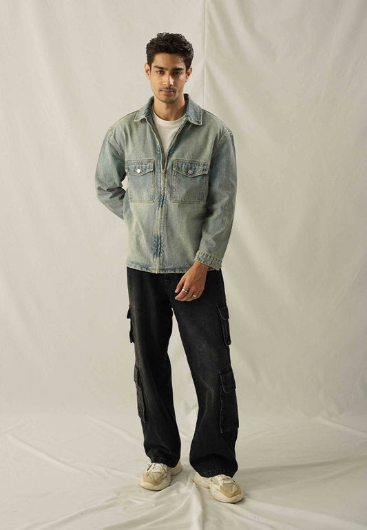 XAYWEAR Relax Fit Zip Up Over Shirt - Tint Over Dyed