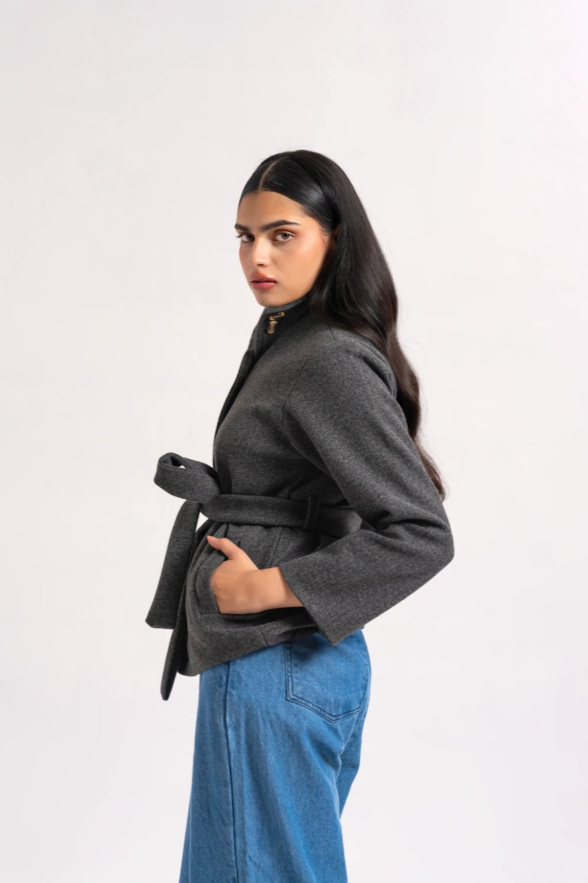 XAYWEAR Funnel Neck Belted Wool Jacket - Charcoal