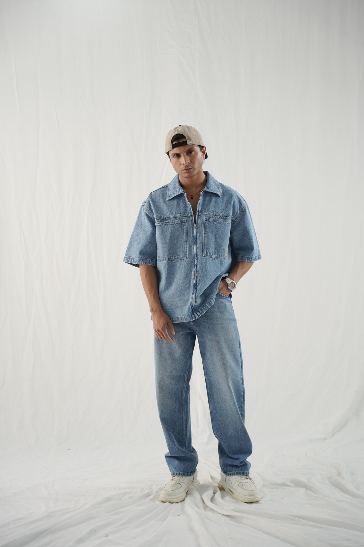 XAYWEAR Boxy Fit Denim Shirt - Washed Out Blue
