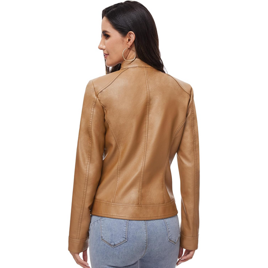 XAYWEAR Women's Faux Leather Moto Jacket in Tan - XAYWEAR
