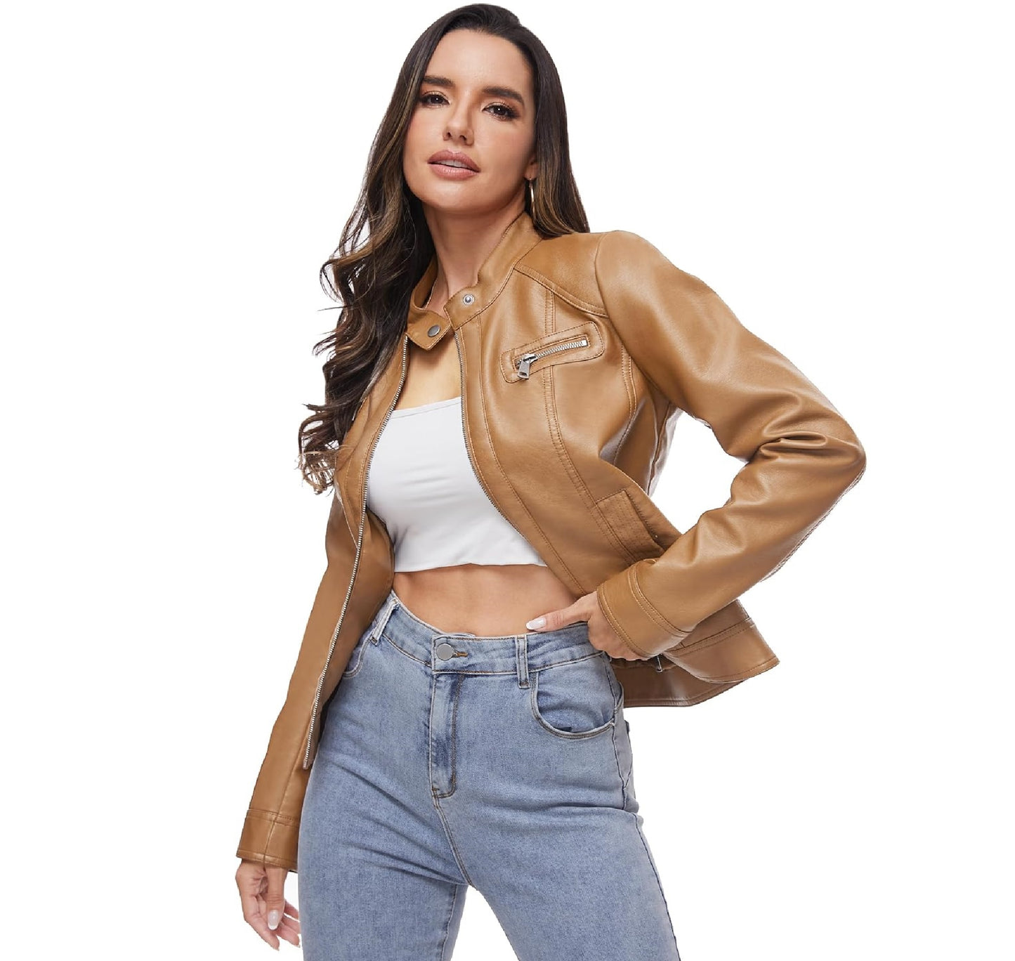 XAYWEAR Women's Faux Leather Moto Jacket in Tan - XAYWEAR