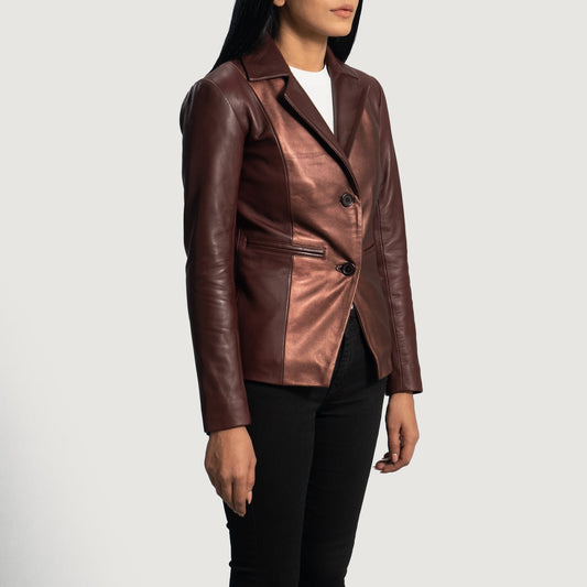 XAYWEAR Ruby Metallic Maroon Faux Leather Women's Blazer