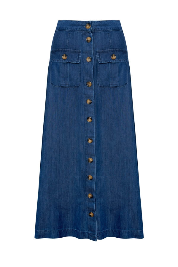 XAYWEAR Indigo Blue Pocket Detail Denim Midi Skirt