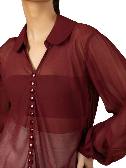 XAYWEAR Women's Red Sheer Top with Button Detail