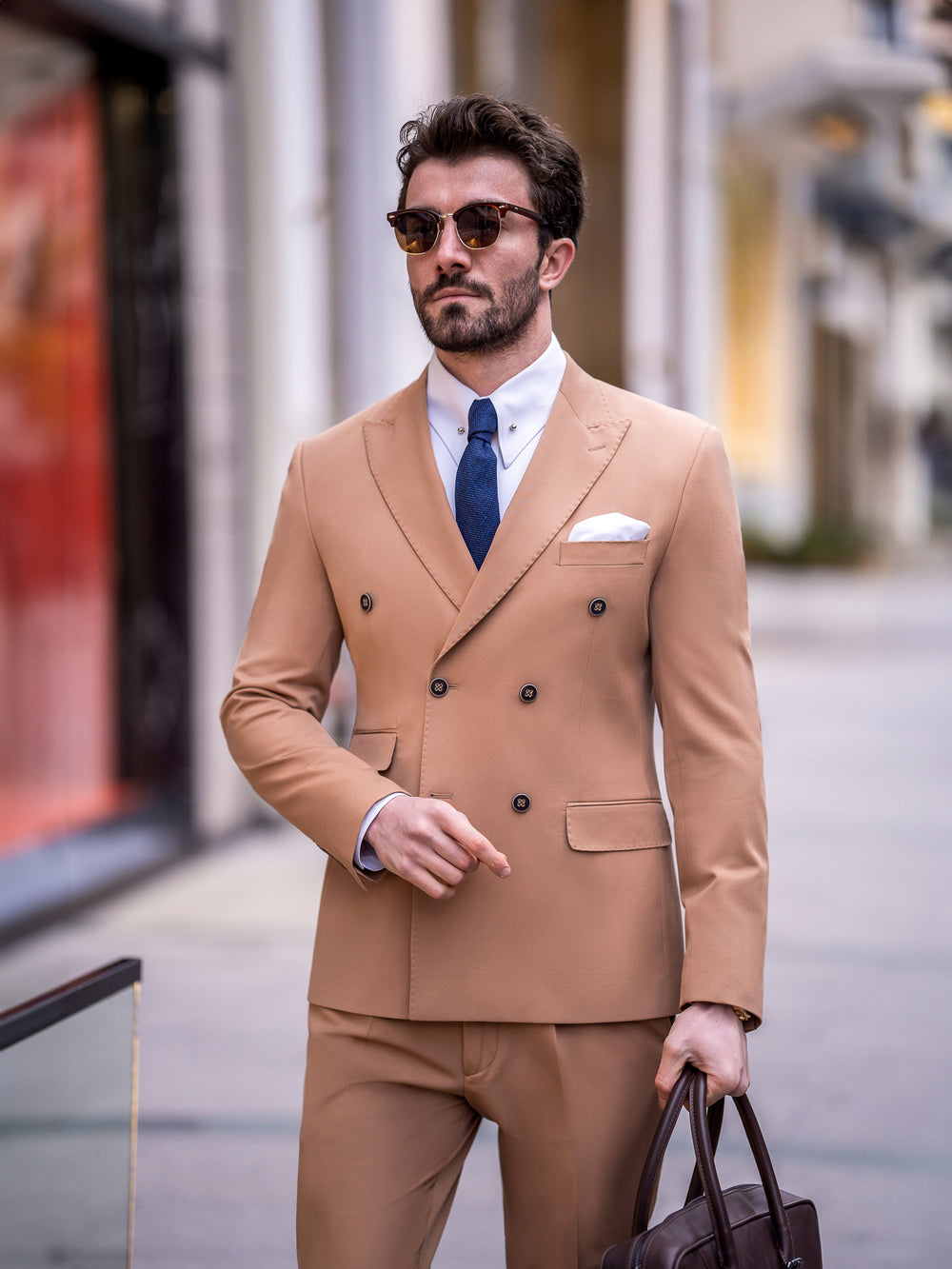 XAYWEAR tan double-breasted suit for men with blue tie and white pocket square
