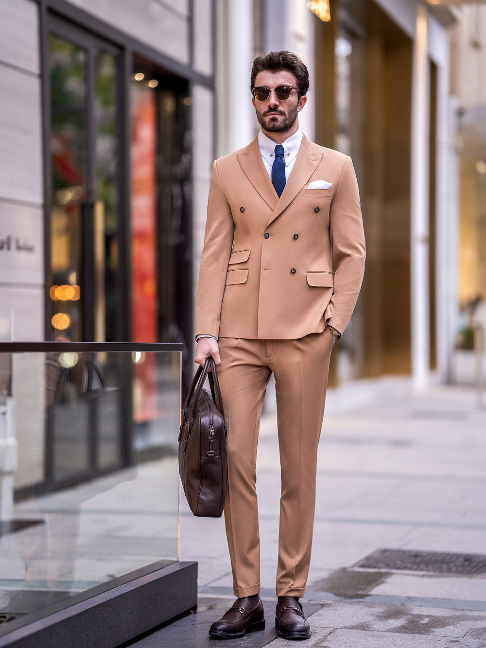 Stylish tan suit for men by XAYWEAR featuring a double-breasted blazer and slim-fit pants