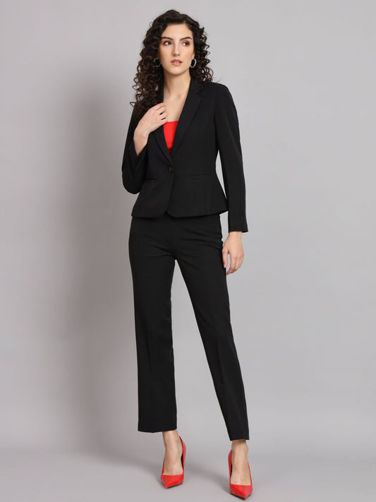 XAYWEAR black suit with blazer for women paired with matching trousers and red heels