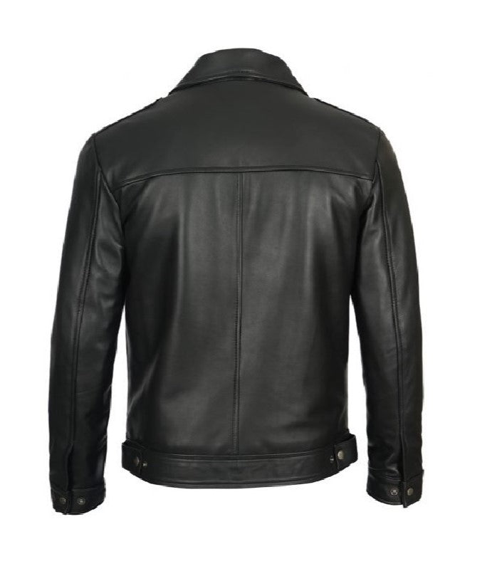 Back view of XAYWEAR black leather jacket for men with buttoned cuffs and minimalist design