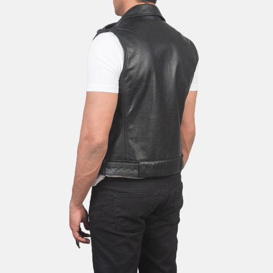XAYWEAR black leather vest worn by man showing back view with white t-shirt and black pants