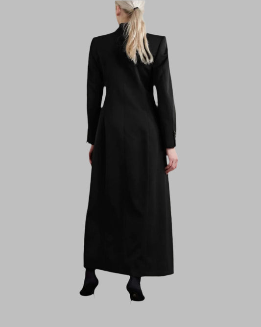 XAYWEAR black long Coat for women with tailored fit and full-length design shown from the back