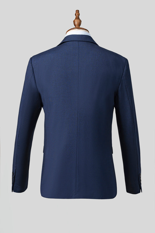 Back view of a XAYWEAR blue suit for men formal showcasing tailored fit and premium fabric
