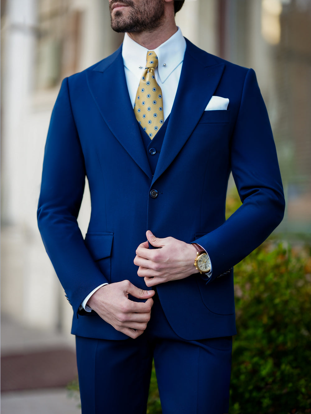 XAYWEAR navy blue suit for men styled with white shirt and yellow tie formal wear for men