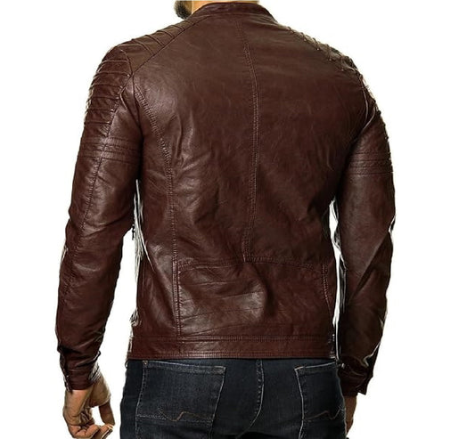 XAYWEAR brown leather jacket biker style shown from the back with stitched detail on sleeves