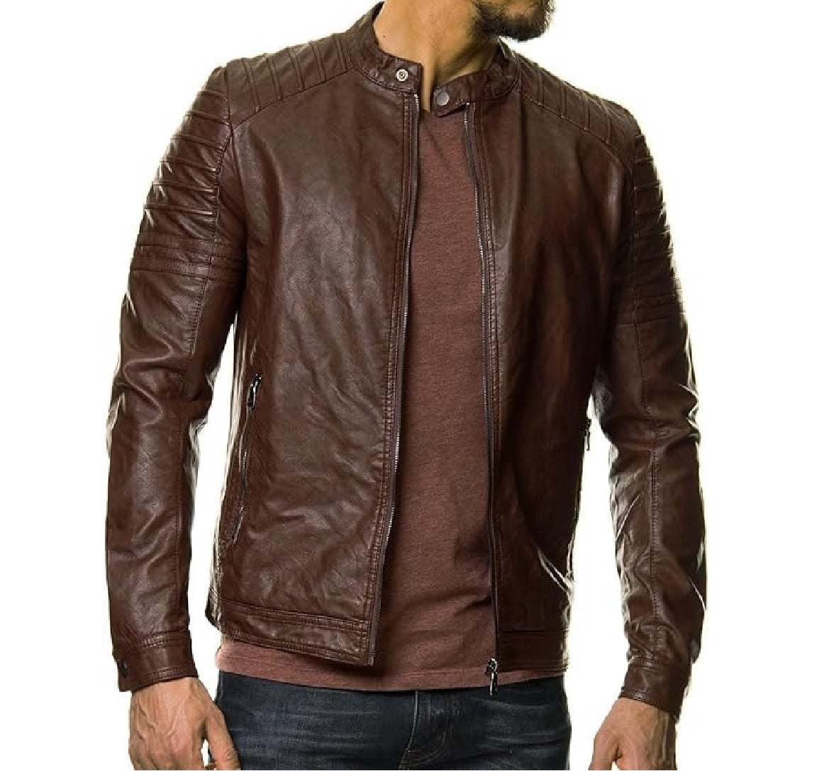 XAYWEAR brown leather jacket biker style with quilted shoulder design and front zipper