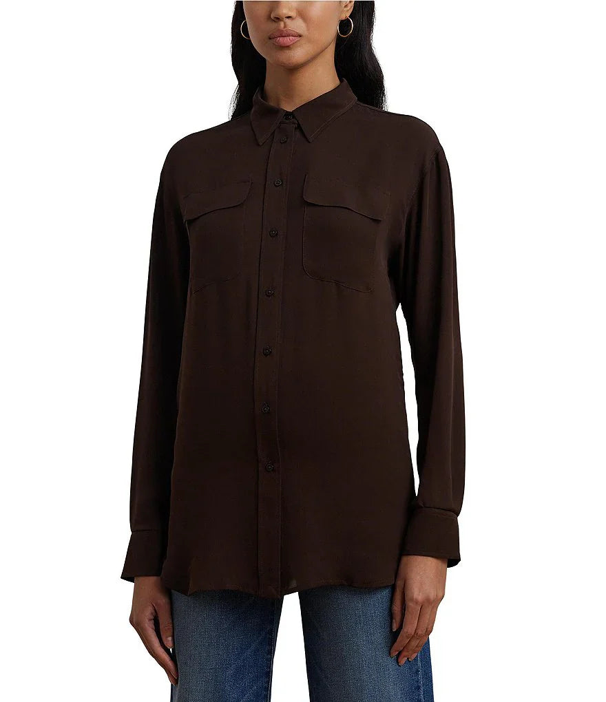 XAYWEAR classic button-up shirt for women in brown with two front pockets and long sleeves