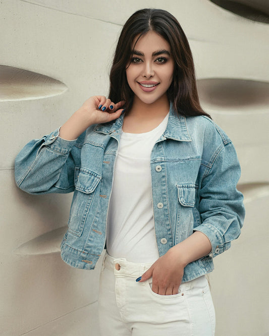 XAYWEAR denim jacket for women styled with white shirt and pants, featuring a casual and comfortable fit
