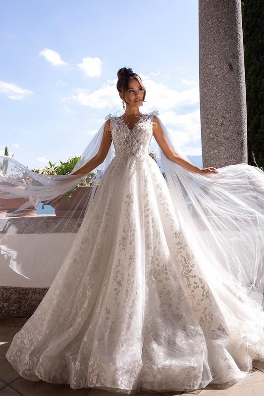 XAYWEAR elegant wedding dress gown with floral lace details and flowing sheer cape