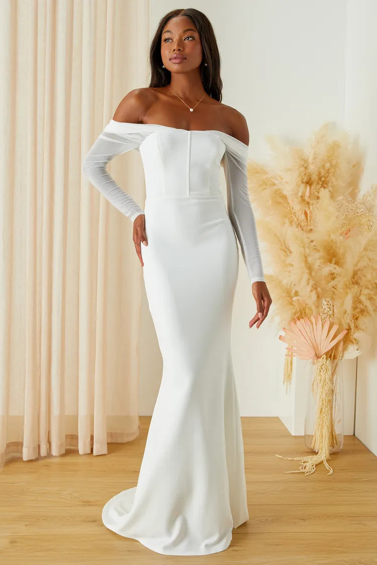 XAYWEAR elegant off shoulder wedding dress with long sleeves and fitted silhouette