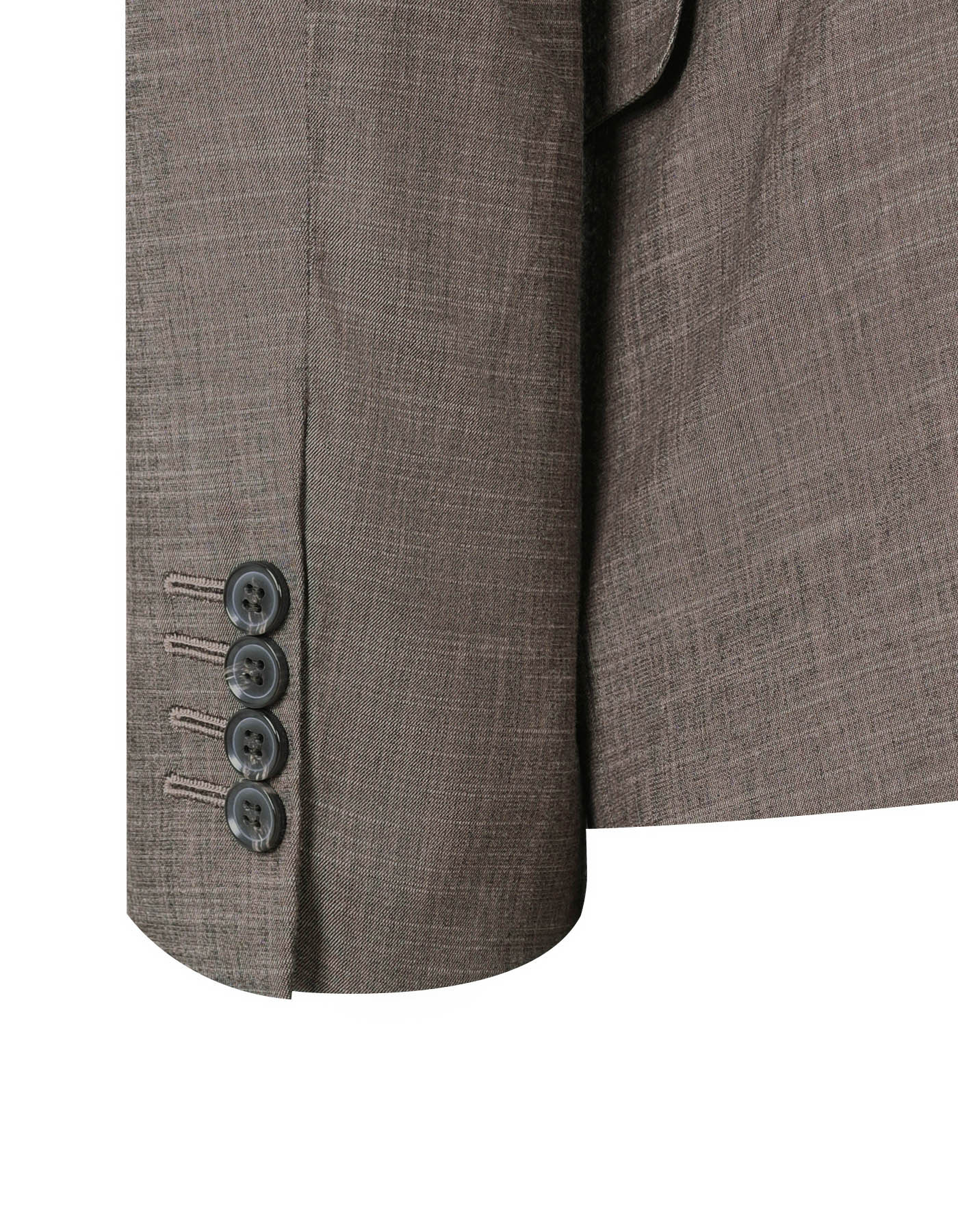 Close-up of brown XAYWEAR formal wear suit for men sleeve with four buttons detail