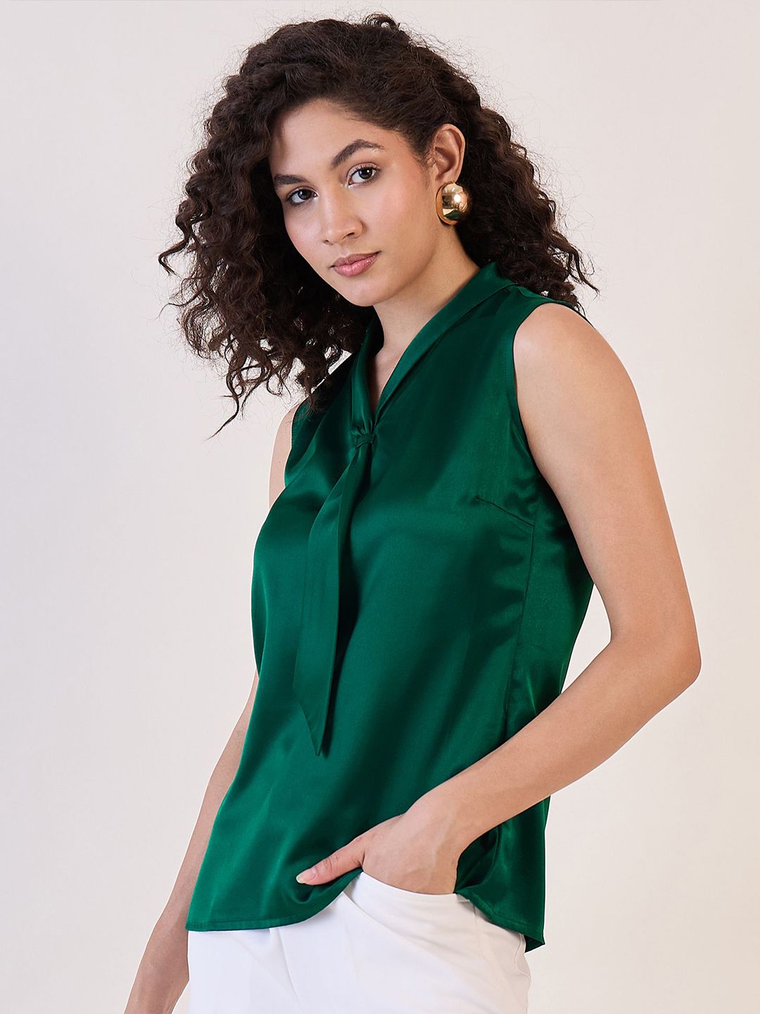 XAYWEAR Emerald Satin Sleeveless Blouse for Women