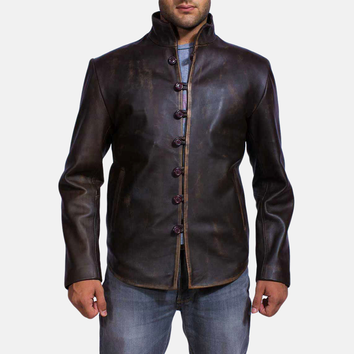 High quality mandarin leather coat with button closure and a stylish design for a refined look