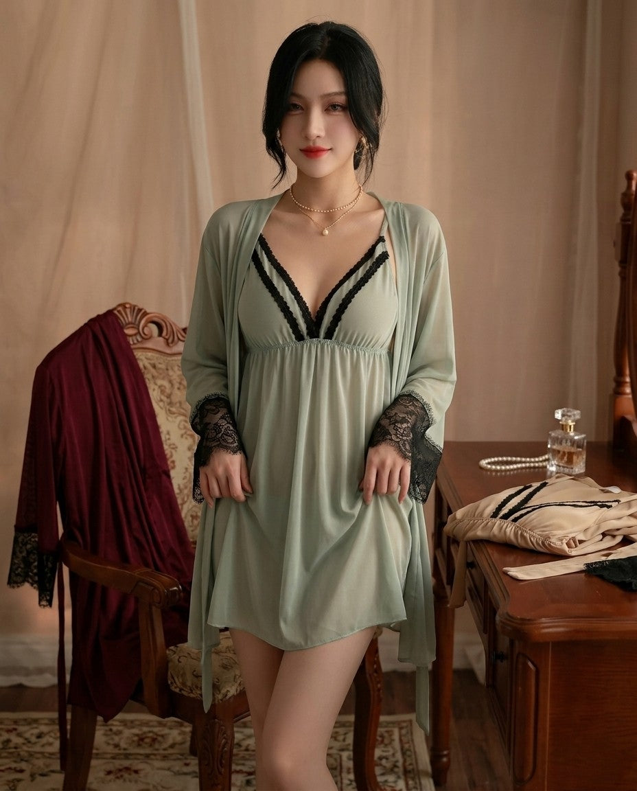 XAYWEAR BabyDoll Short 2-Piece Shamiz Gown Style Strechable Net Lingerie