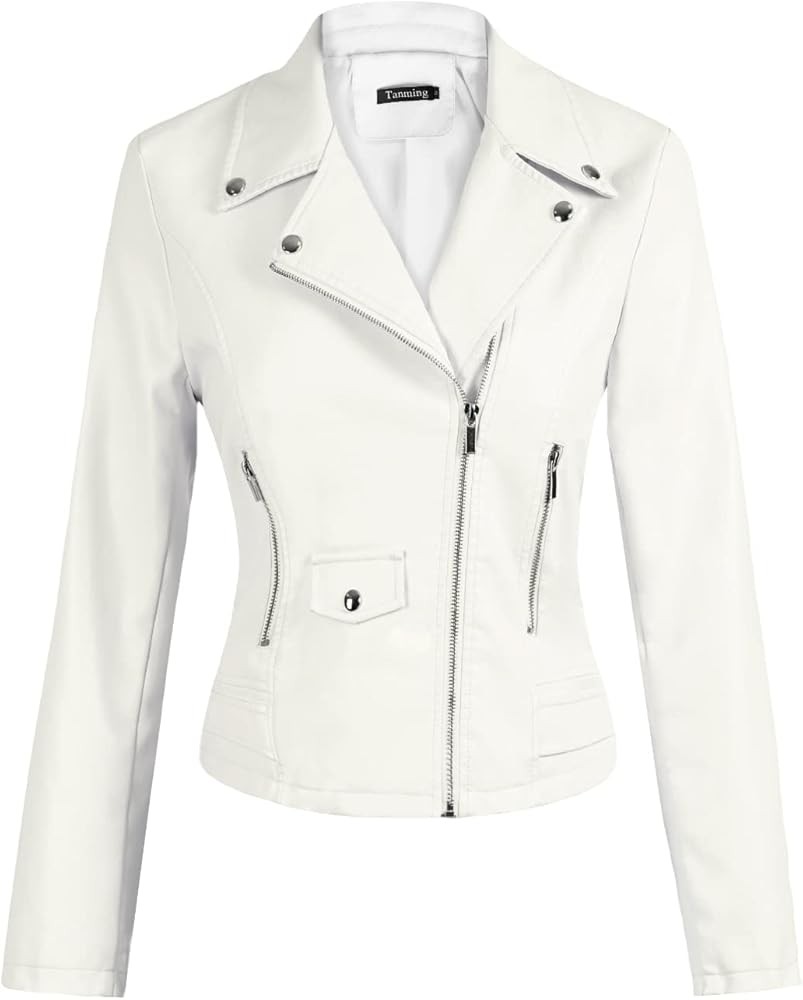 XAYWEAR ivory faux leather moto jacket with zippered pockets and minimalist design