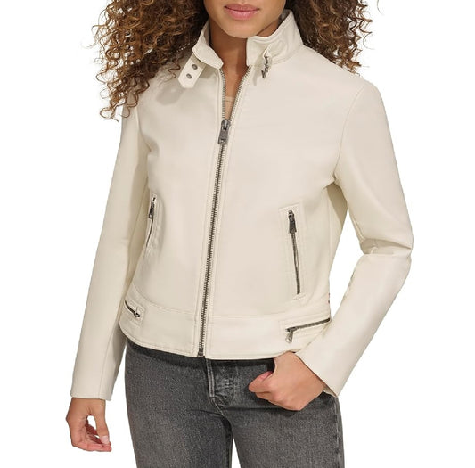 XAYWEAR white leather jacket for women with zippered pockets and high collar design