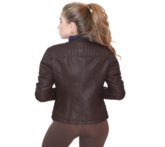 XAYWEAR brown leather jacket women biker style with quilted shoulder details viewed from the back