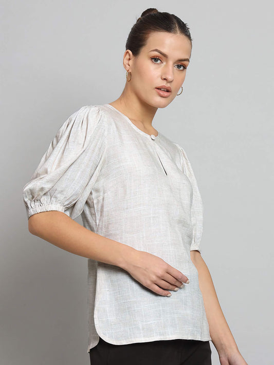 XAYWEAR linen blouse with puff sleeves and round neckline in light beige color