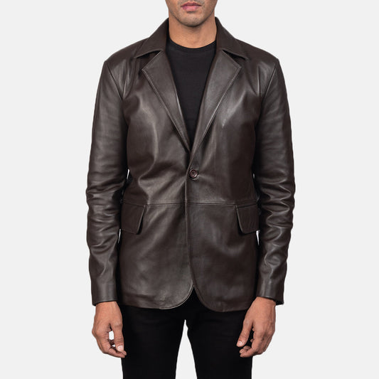 Xaywear luxury men's blazer leather in dark brown, featuring a tailored fit and elegant design