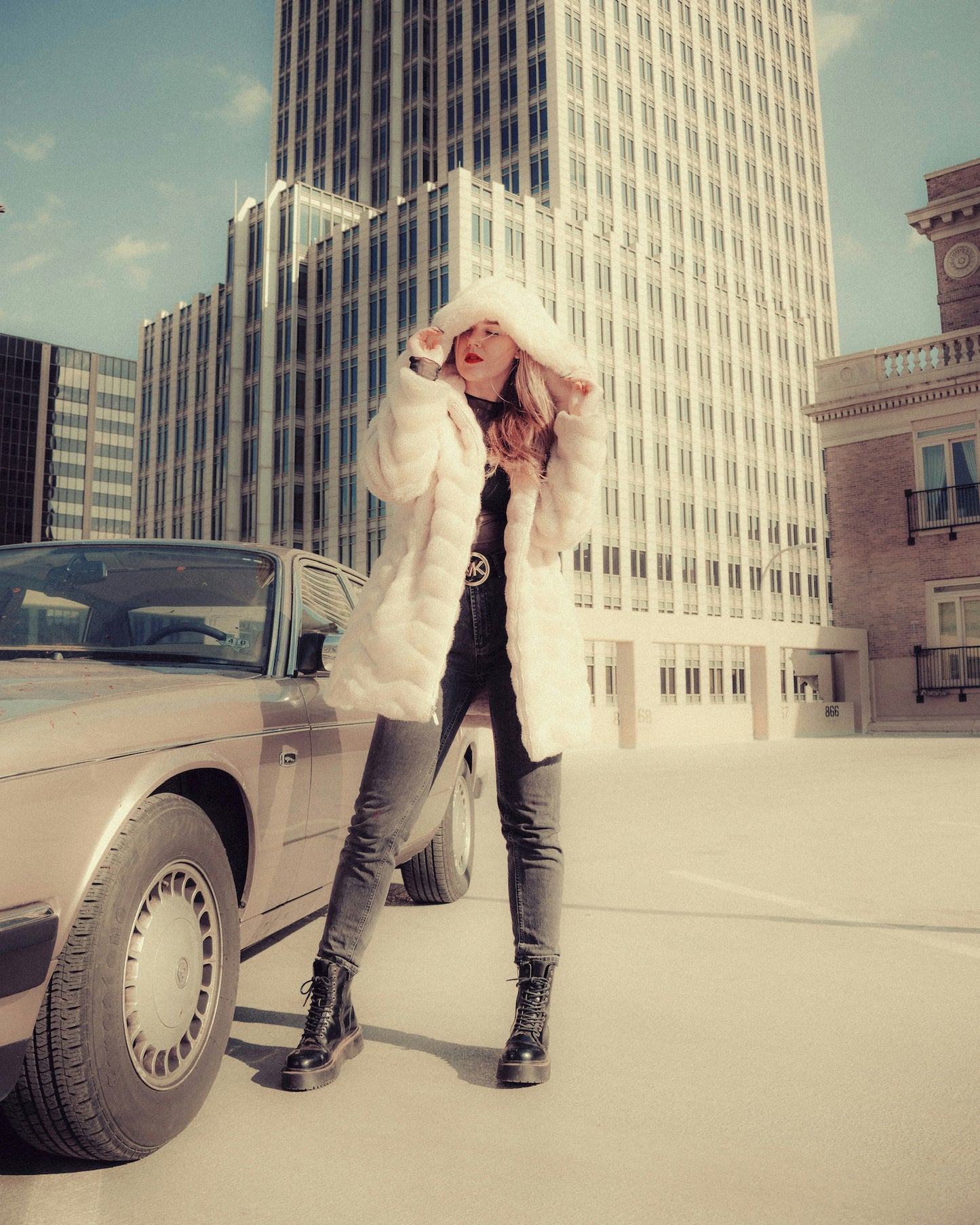XAYWEAR women coat white fur hooded long winter jacket styled with black pants and boots