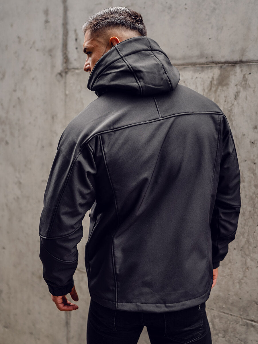 XAYWEAR men black jacket leather hooded style shown from the back on a male model
