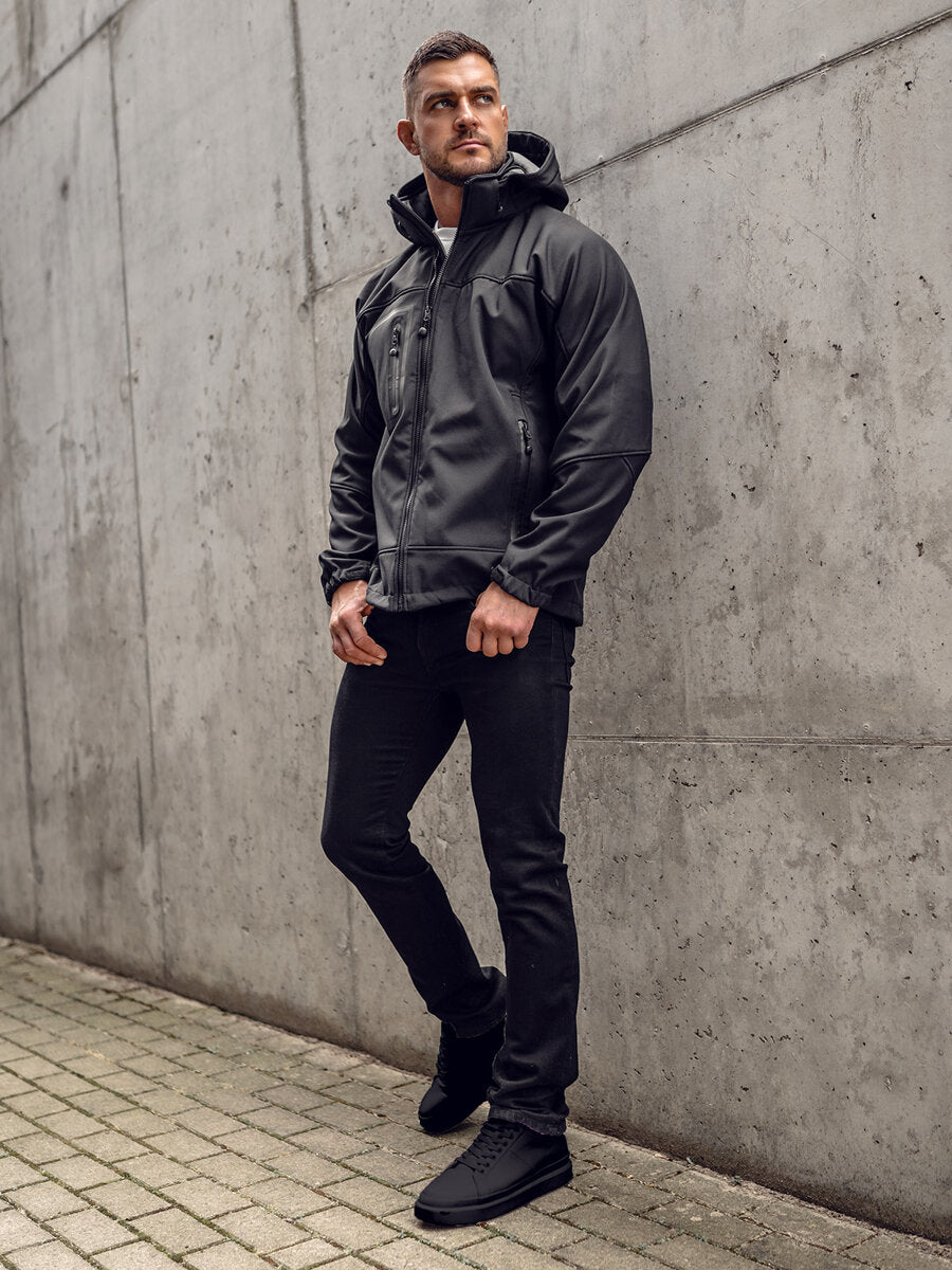 XAYWEAR men black jacket leather jacket with hood and zipper pockets styled on male model