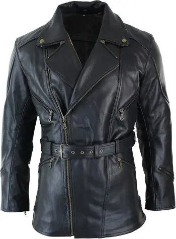 XAYWEAR black men leather coat with zipper pockets and belt detailing