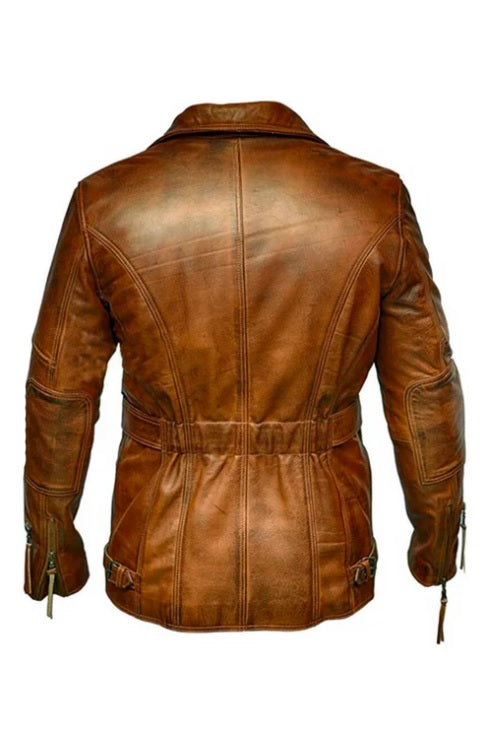 XAYWEAR brown men leather coat with detailed stitching and zipper accents on sleeves