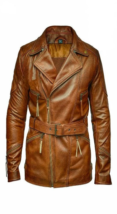 XAYWEAR stylish brown men leather coat with belt and zippered pockets for a sleek look