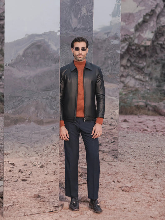XAYWEAR men leather jacket bomber style in black worn with rust turtleneck and navy pants