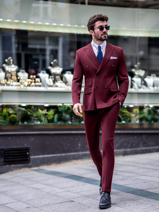 XAYWEAR maroon double-breasted suit for men styled with white shirt and navy tie