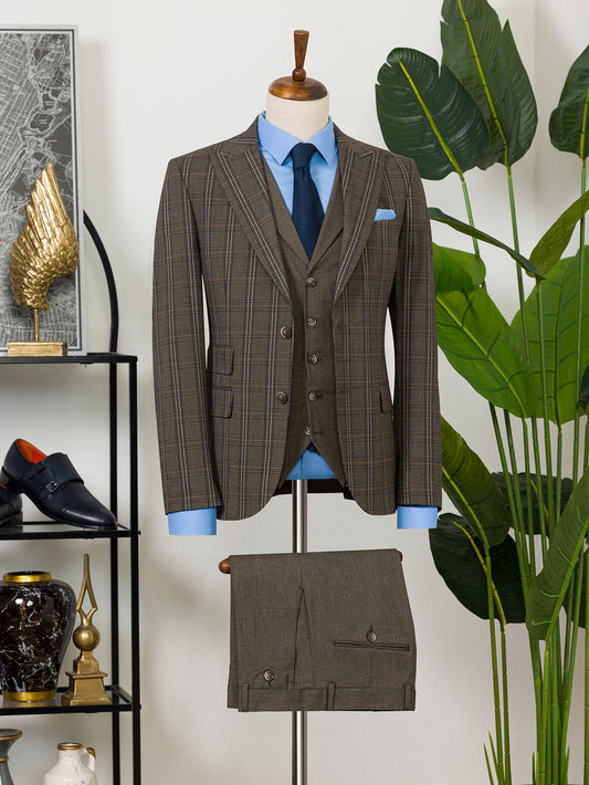 XAYWEAR men suit with brown plaid pattern, three-piece design, and blue dress shirt with tie