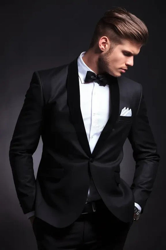 XAYWEAR men tuxedo coat in black with satin lapels and white pocket square