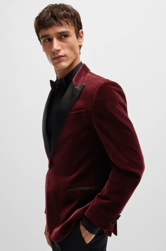 XAYWEAR men tuxedo burgundy velvet blazer with black satin lapels and pockets