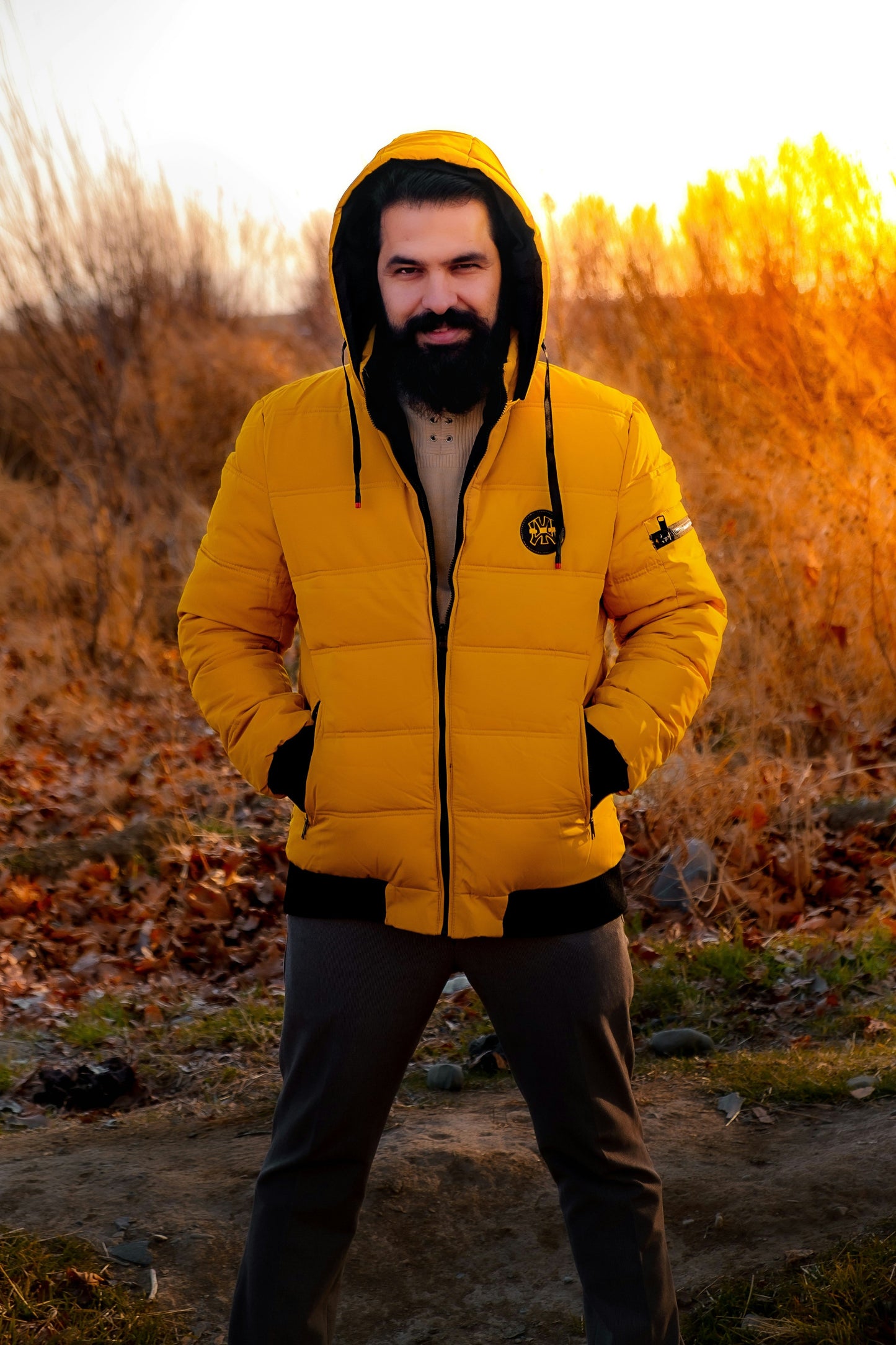 XAYWEAR men's stylish puffer jacket in yellow with hood and zipper for casual outdoor wear