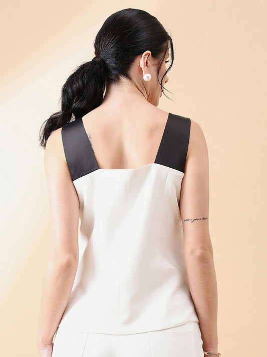 XAYWEAR stylish waistcoat for women in white with black wide shoulder straps shown from back