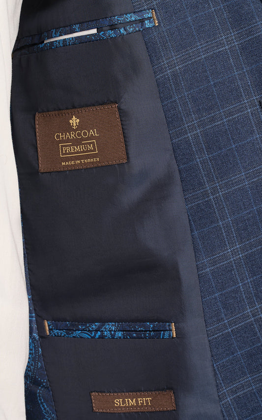 Interior view of XAYWEAR navy blue suit for men featuring charcoal premium fabric and slim fit design