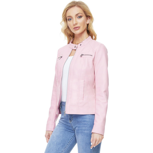 XAYWEAR pink jacket for women styled with a white top and blue jeans