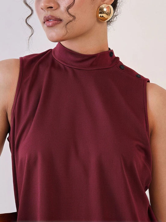 XAYWEAR burgundy high neck sleeveless top with button details on shoulder