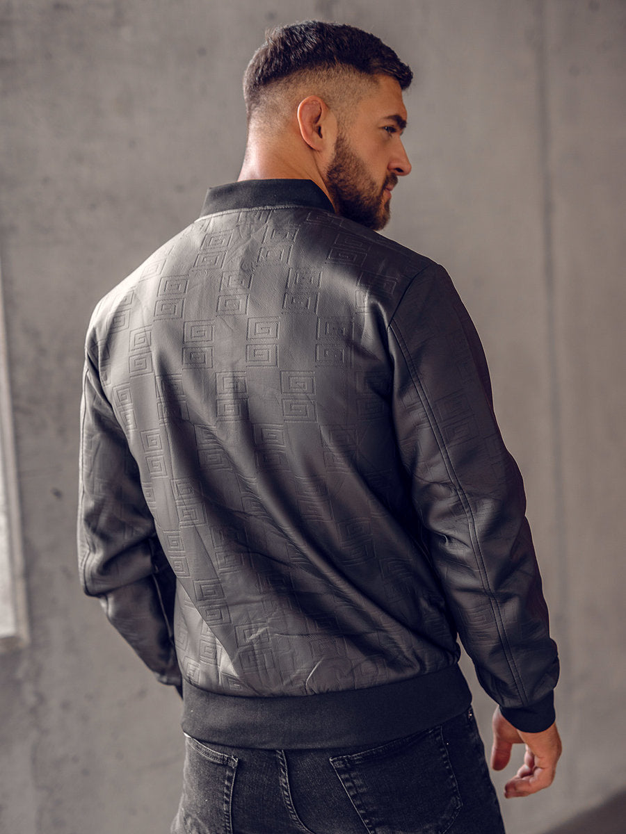 XAYWEAR black bomber jacket for men with textured pattern and ribbed cuffs on model