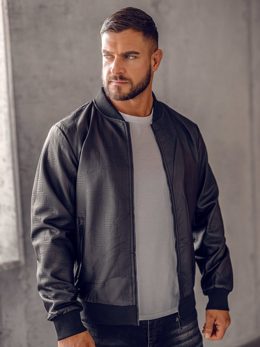 XAYWEAR black bomber jacket for men with ribbed cuffs and collar worn over white t-shirt