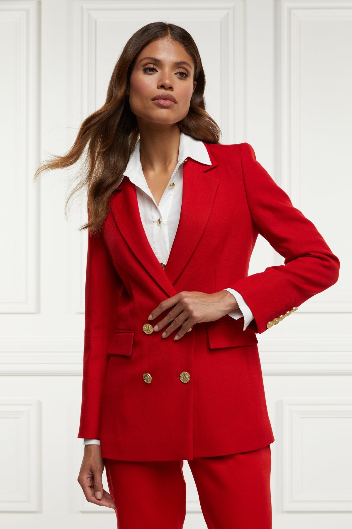 Elegant red blazer for women by XAYWEAR with double-breasted design and gold buttons
